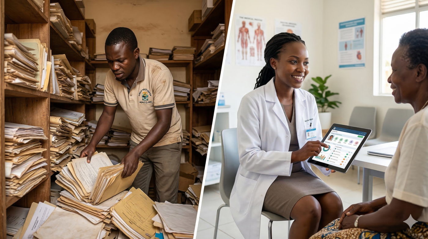 A split-screen photograph contrasts the inefficiency of paper medical records with modern digital technology in a Ugandan healthcare context. On the left, a frustrated male health worker, dressed in a local polo shirt, struggles to locate information amidst an overwhelming mountain of disorganized paper files on overflowing, dusty wooden shelves in a cramped, dimly lit storage room. On the right, a confident and smiling Ugandan female doctor in a clean white coat uses a sleek tablet displaying a professional Electronic Medical Record (EMR) interface with patient charts and icons. She is smiling warmly while conversing directly with an older Ugandan female patient in a bright, modern, and welcoming clinic setting with anatomical posters on the wall, illustrating a streamlined, efficient, and hopeful future.